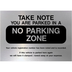 No Parking Zone Sign in Brushed Silver