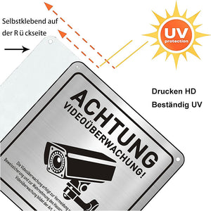 German Video Surveillance Sign Brushed Aluminum Metal Sign 15 x 15cm Surveillance