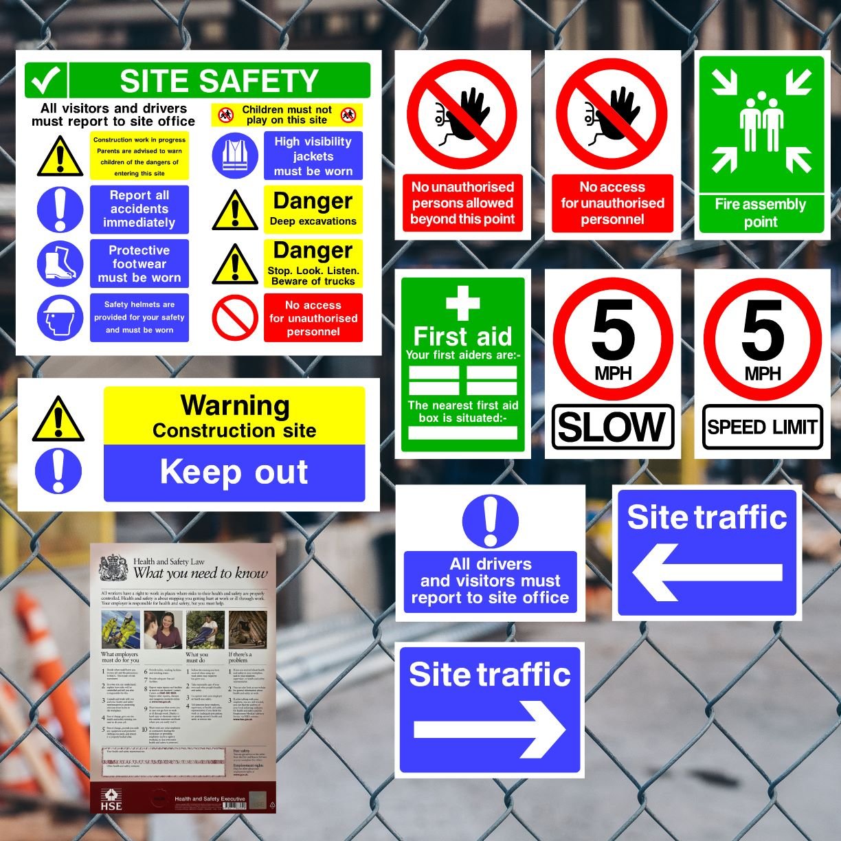 Complete Construction Site Safety Sign 11 Pack + Poster - Starter Pack J