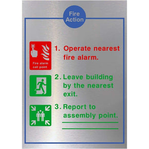 Fire Action 3 Point Sign in Brushed Silver