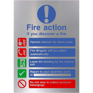 Fire Action 5 Point Sign in Brushed Silver