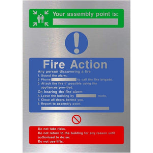 Fire Action And Assembly Point Sign in Brushed Silver