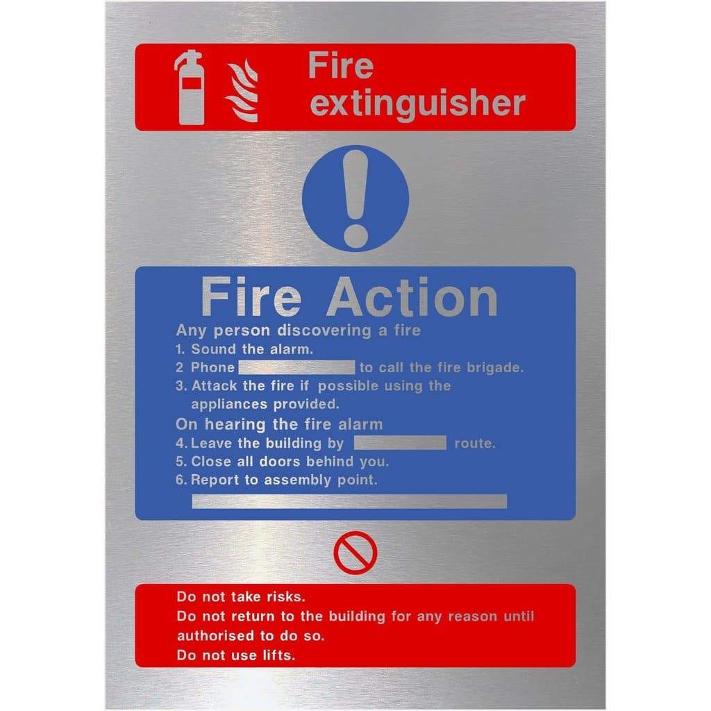 Fire Action Fire Extinguisher Sign in Brushed Silver