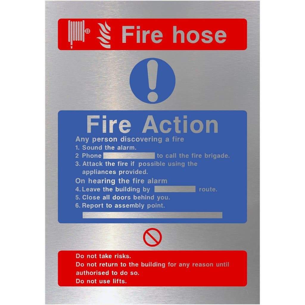 Fire Action Fire Hose Sign in Brushed Silver