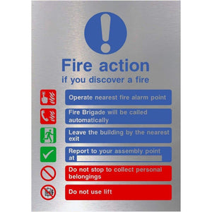 Fire Action If You Discover A Fire 6 Point Sign in Brushed Silver