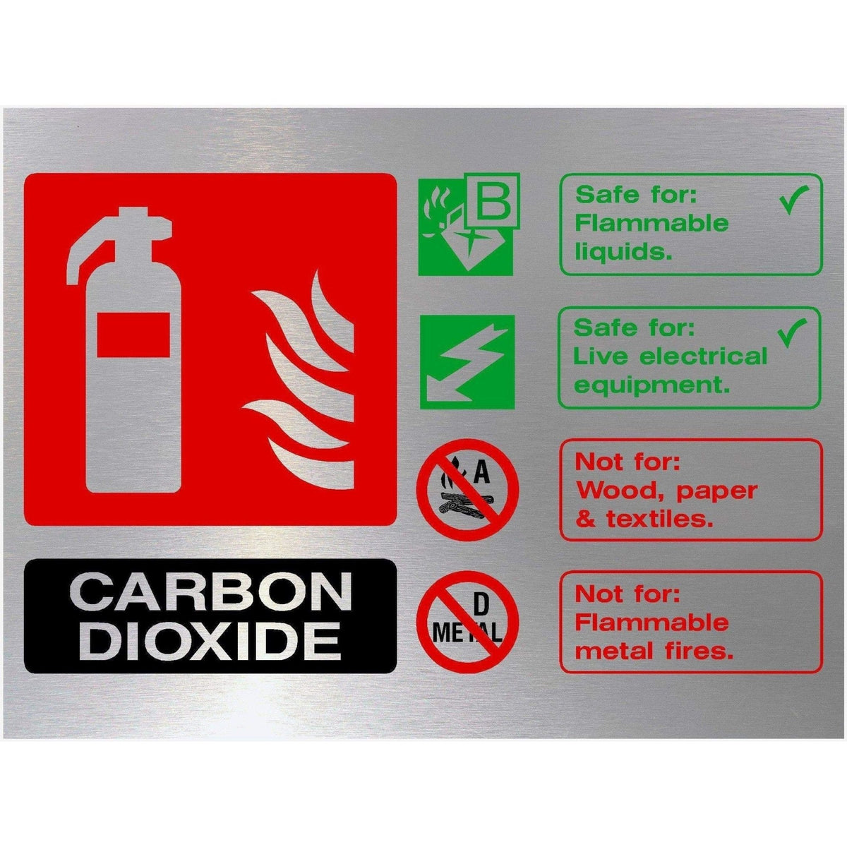 Fire Extinguisher Carbon Dioxide Sign in Brushed Silver