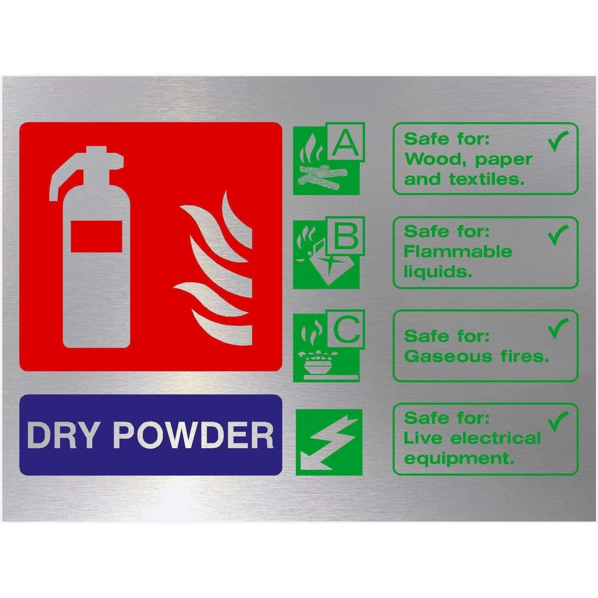 Fire Extinguisher Dry Powder Sign Landscape in Brushed Silver