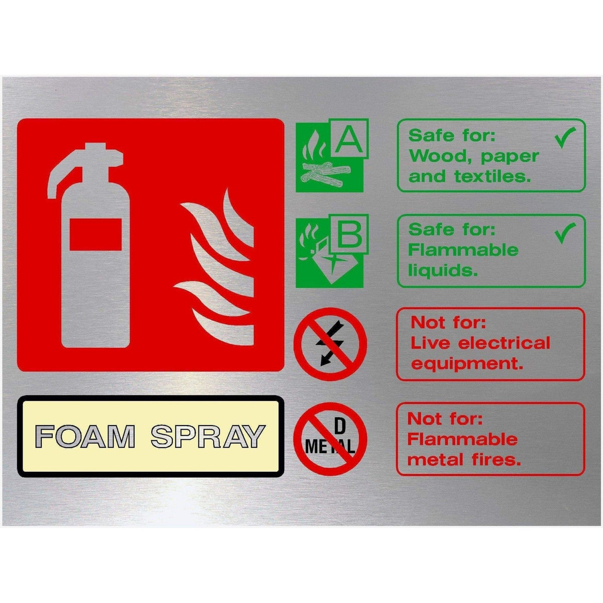 Fire Extinguisher Foam Spray Sign in Brushed Silver