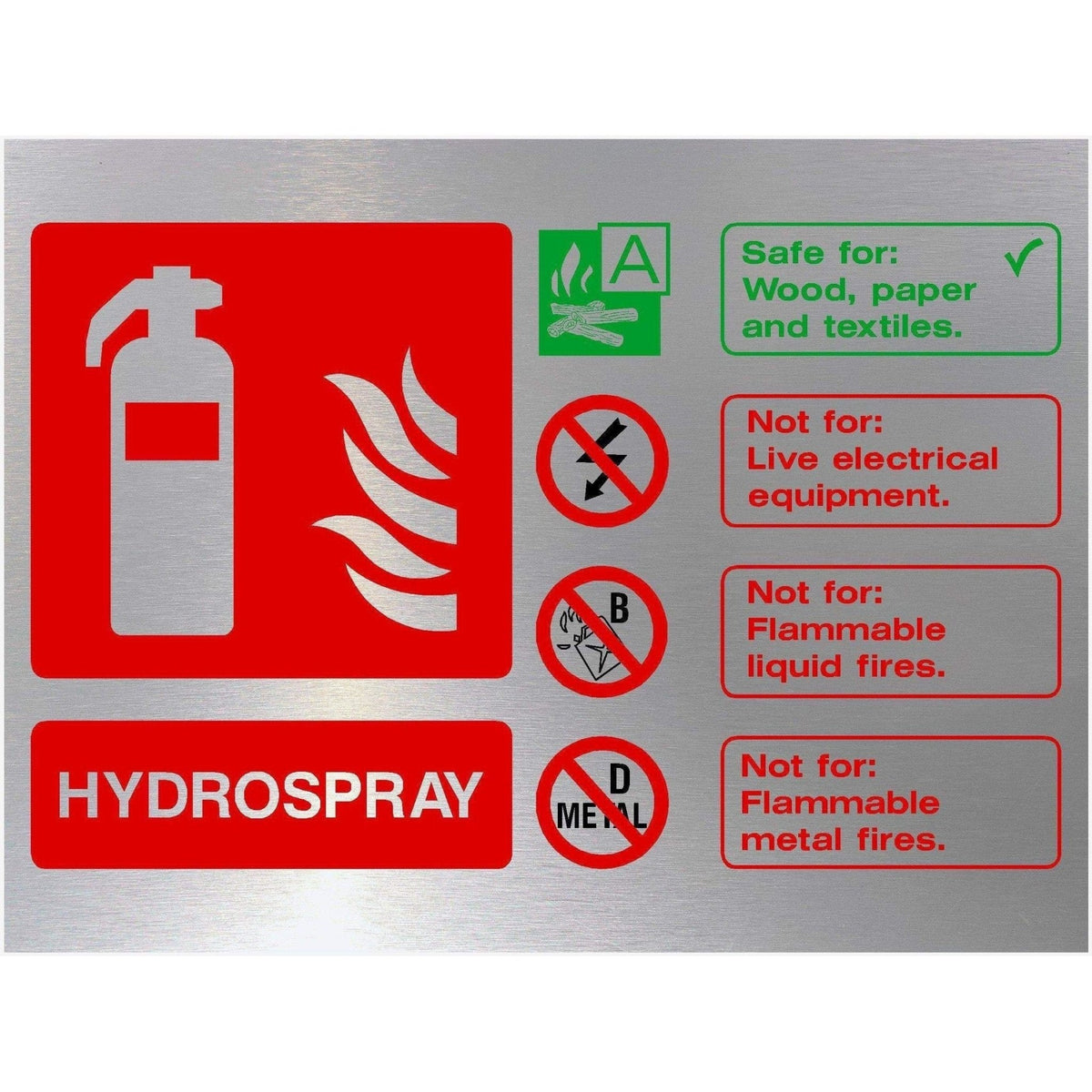 Fire Extinguisher Hydrospray Sign in Brushed Silver