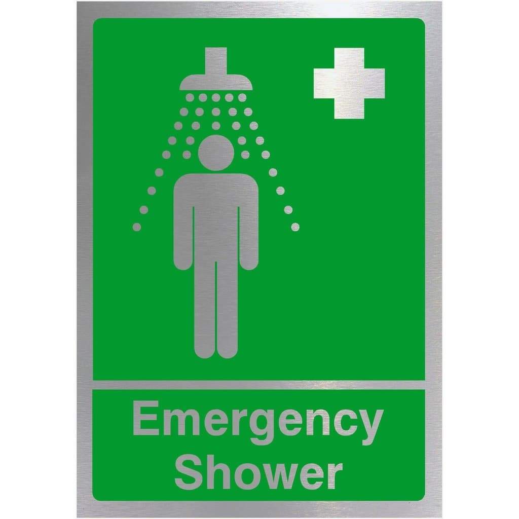 First Aid Emergency Shower Sign in Brushed Silver