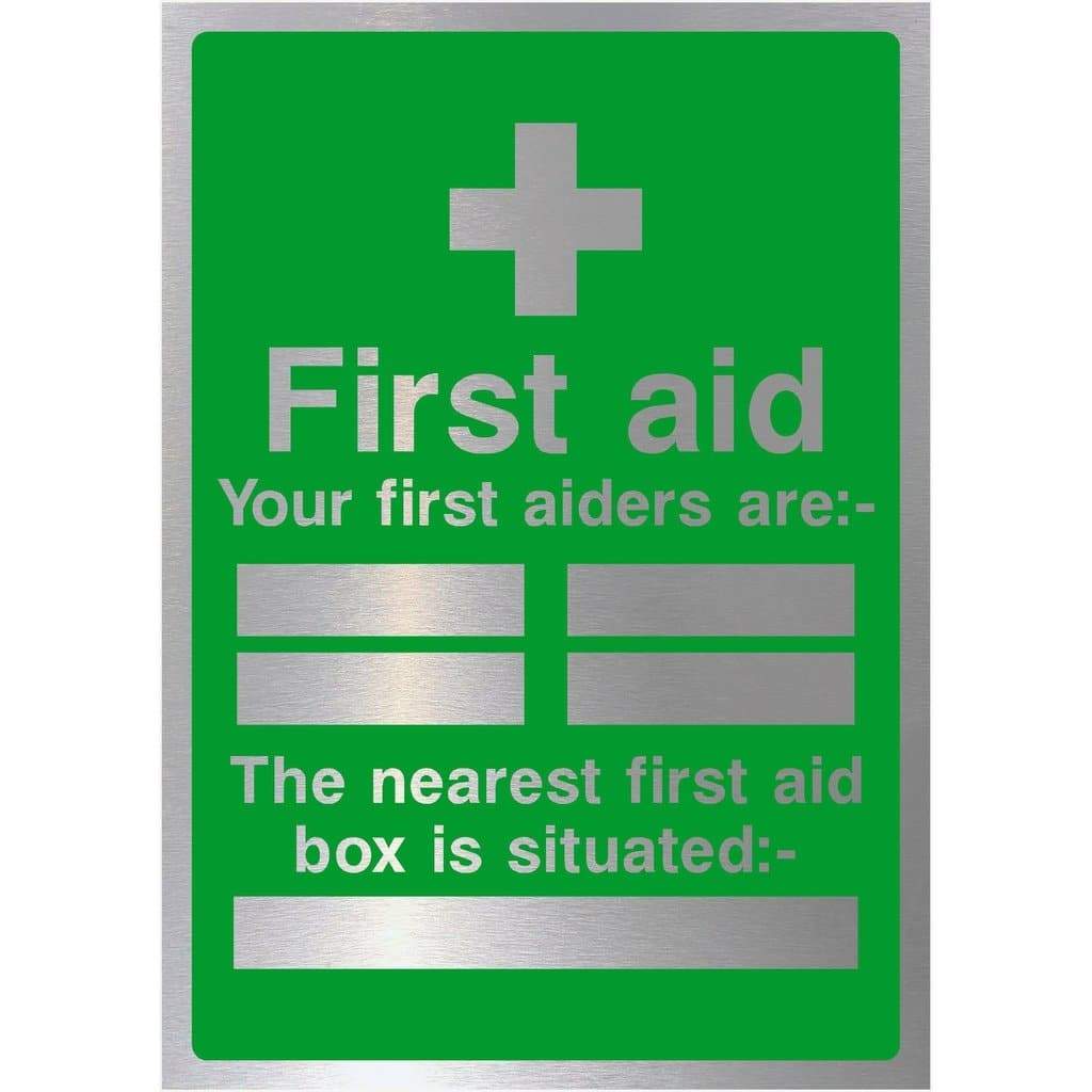 First Aiders First Aid Box Sign Brushed Silver