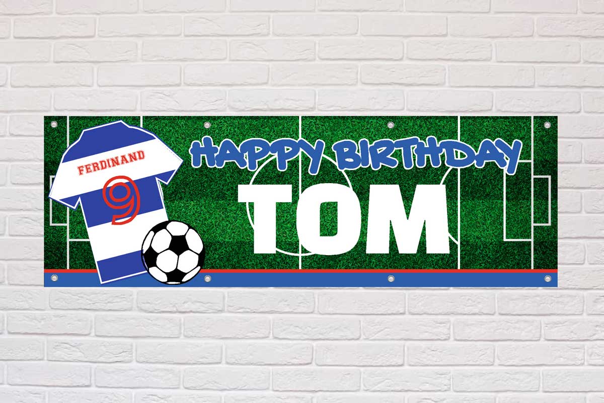 Personalised Birthday Banner | White and Royal Blue Hoops