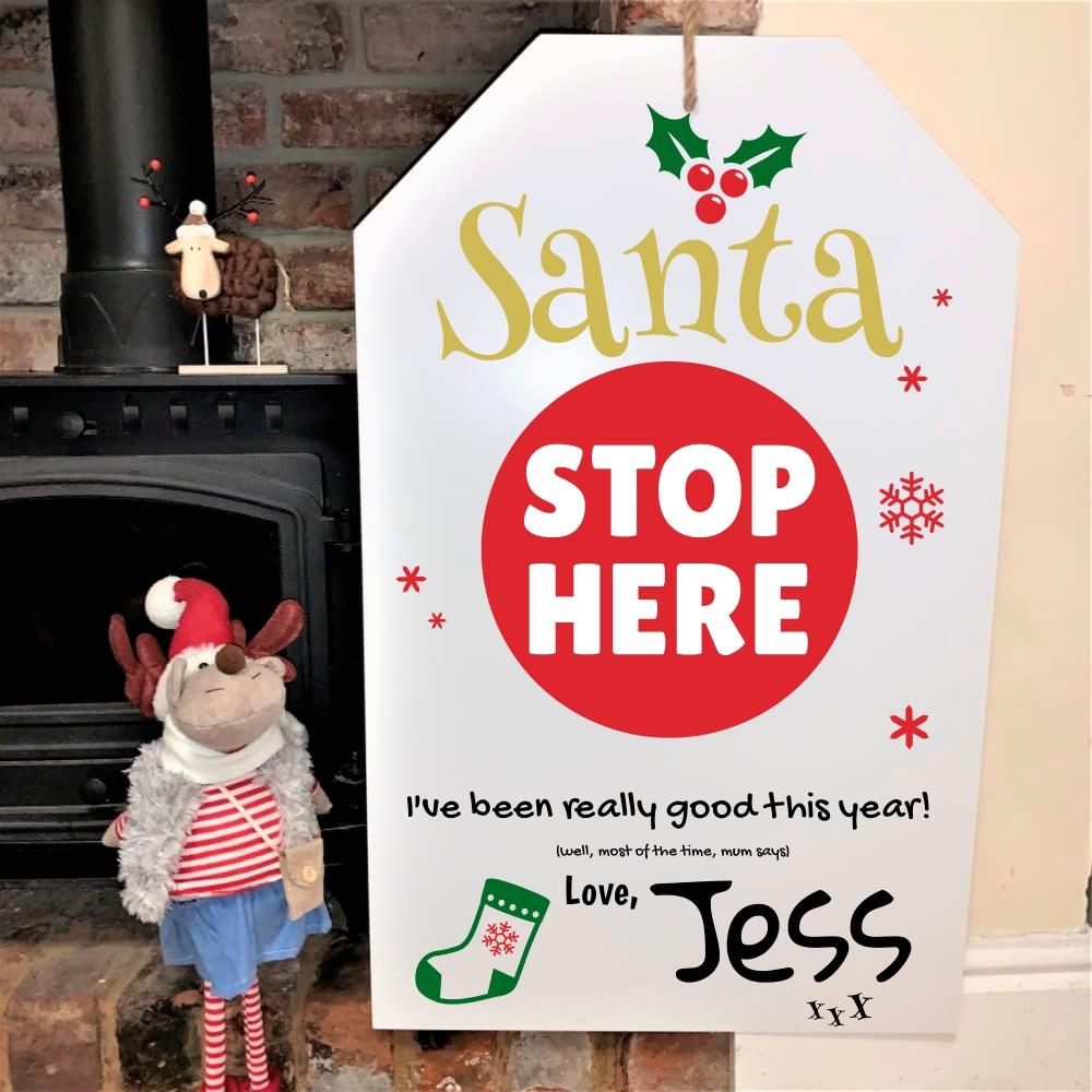 Personalised Santa STOP HERE Gift Tag Sign