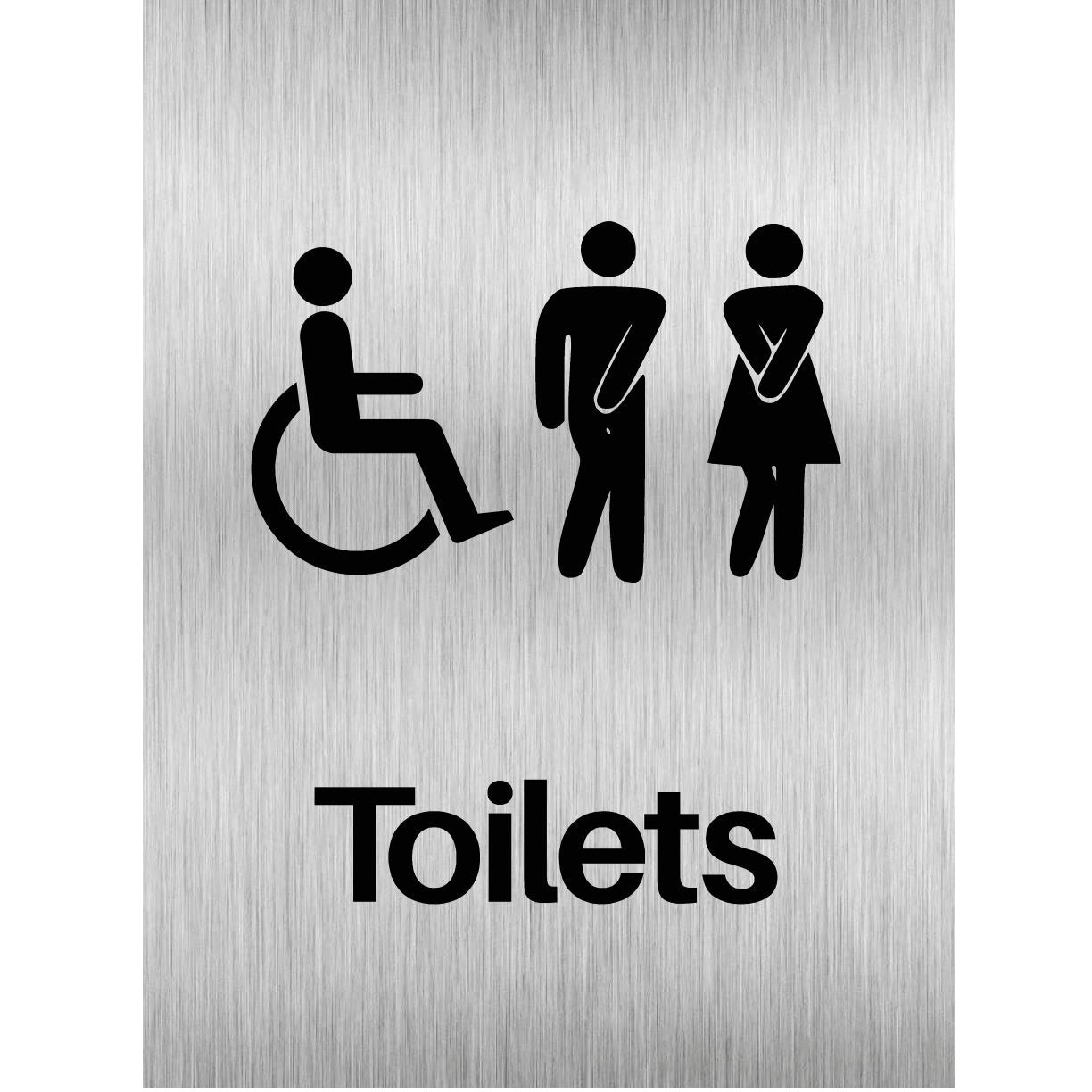 Unisex And Disabled Toilets Comic Sign in Brushed Silver