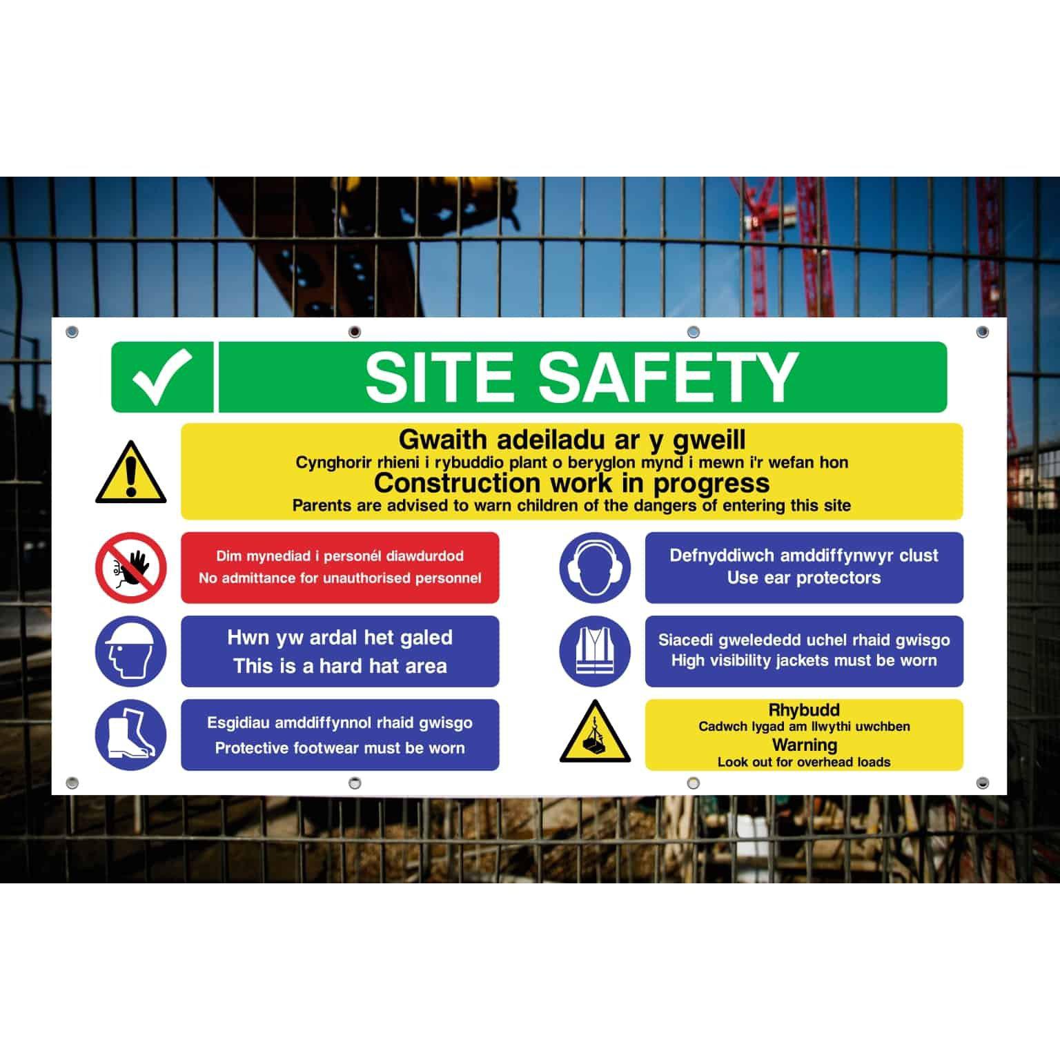 Welsh Site Safety Banner | Multi Message Sign